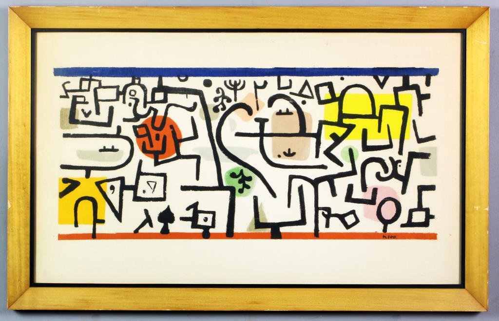 Paul Klee Colored Lithograph: A lithographic reproduction of a Paul Klee painting, Klee (1879 - 1940), a renowned Swiss artist, was known for his abstract works of almost child-like rendering and imagination, measures 20.25"H x 32