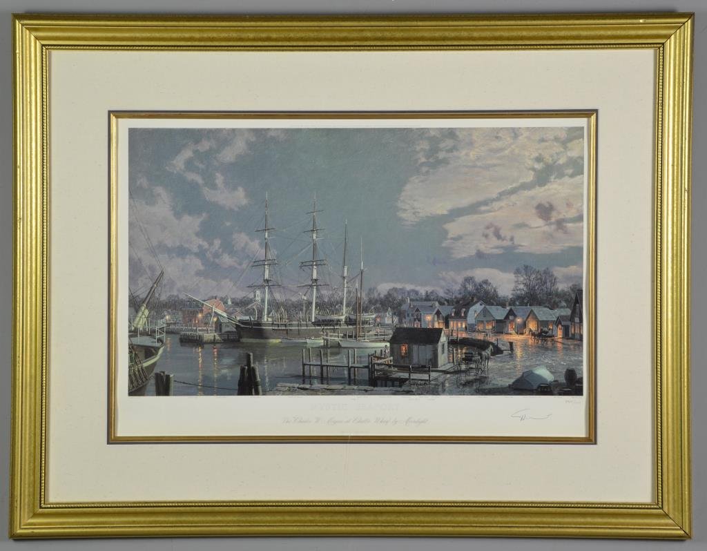 John Stobart Pencil Signed & Numbered Limited Edition: John Stobart Pencil Signed & Numbered Limited Edition Print. Titled "Mystic Seaport", number 3905 of an edition of 6141, depicting docked sailing ships with houses and figures in the background, nicel