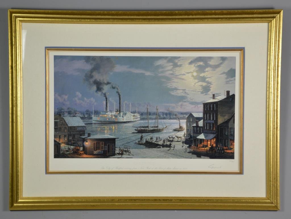 John Stobart Pencil Signed & Numbered Limited Edition: John Stobart Pencil Signed & Numbered Limited Edition Print. Titled "Hartford The City of Hartford arriving from New York at the foot of State Street in 1870", depicting a large paddle boat coming int