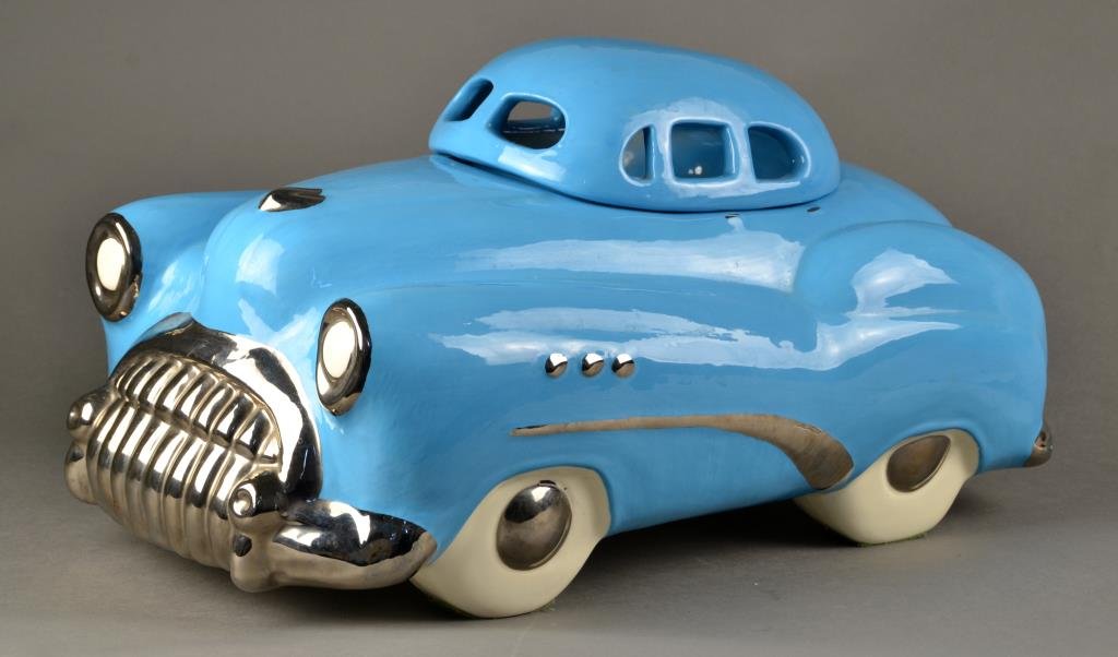 Glenn Appleman Cookie Jar: A sky blue Buick Roadmaster cookie jar, underside signed Appleman and dated 1980, further inscribed "PR IIII", underside of lid impressed "PR IV" measures 8"H x 16"L.
