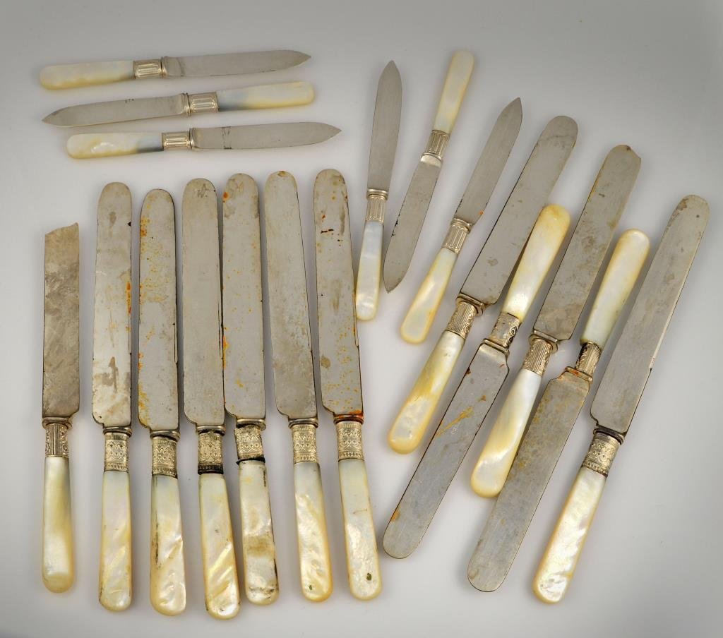 (18) Pcs Silver Plate & MOP Flatware, Inc. Gorham: To include seven knives marked Meriden Cutlery Co., five marked for Gorham Manufacturing Co., and six marked for Harrison Brothers and Howsen, all with Mother of Pearl handles, circa late 19th-early 2