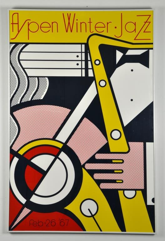 Roy Lichtenstein Aspen Winter Jazz Screen Print: Screen print on heavy glossy paper, designed by Roy Lichtenstein and originally published by Leo Castelli Gallery for the Aspen Jazz Festival in 1967, measures 40.5"H x 26.5"W framed. Condition: has n