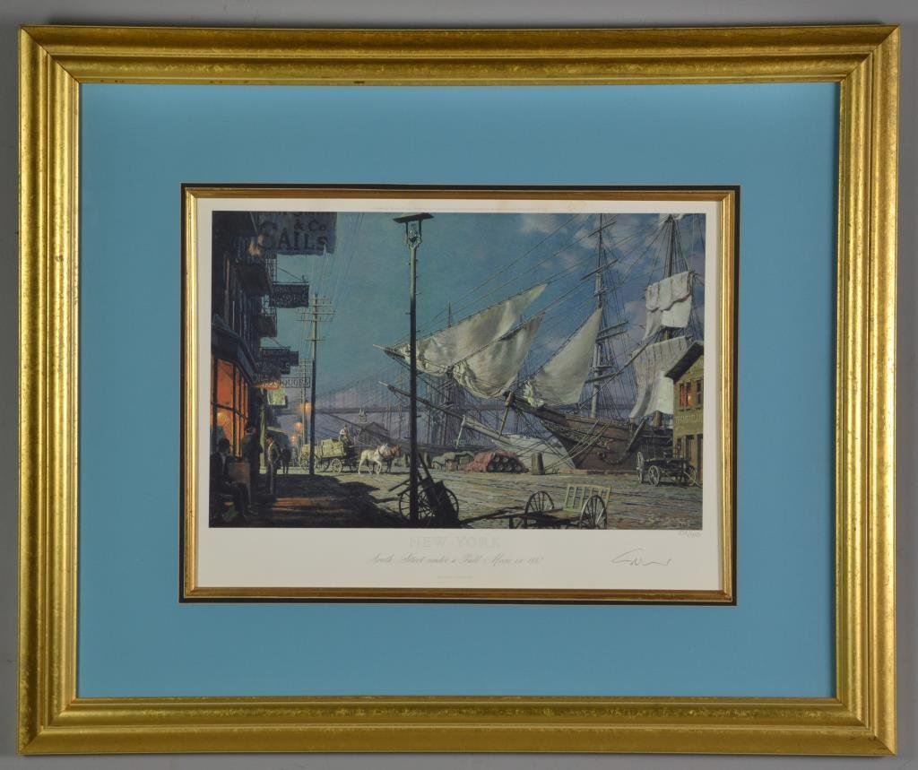 John Stobart Pencil Signed & Numbered Limited Edition: John Stobart Pencil Signed & Numbered Limited Edition Print. Titled "New York South Street Under A Full Moon in 1882", number 512 of an edition of 950, depicting boats in the harbor with figures and a