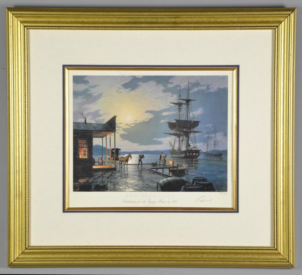 John Stobart Pencil Signed & Numbered Limited Edition: John Stobart Pencil Signed & Numbered Limited Edition Print. Titled "San Francisco Embarking for the Voyage Home 1850", number 288 of an edition of 950, depicting figures helping a lady into a rowboat