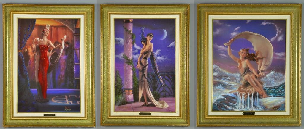 (3) Giuseppe Armani Giclees on Canvas: To include "Wind Song" depicting a woman seated on a shell surrounded by crashing waves, "Lady with Peacock" depicting a woman posed on a terrace illuminated by moonlight, and "Lady with Mirror" depic