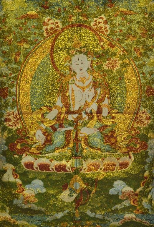 Chinese Buddhist Thangka: Depicting a Buddhist deity at center seated on a lotus throne, having gilt highlights, 34.5"H X 23.25"W.