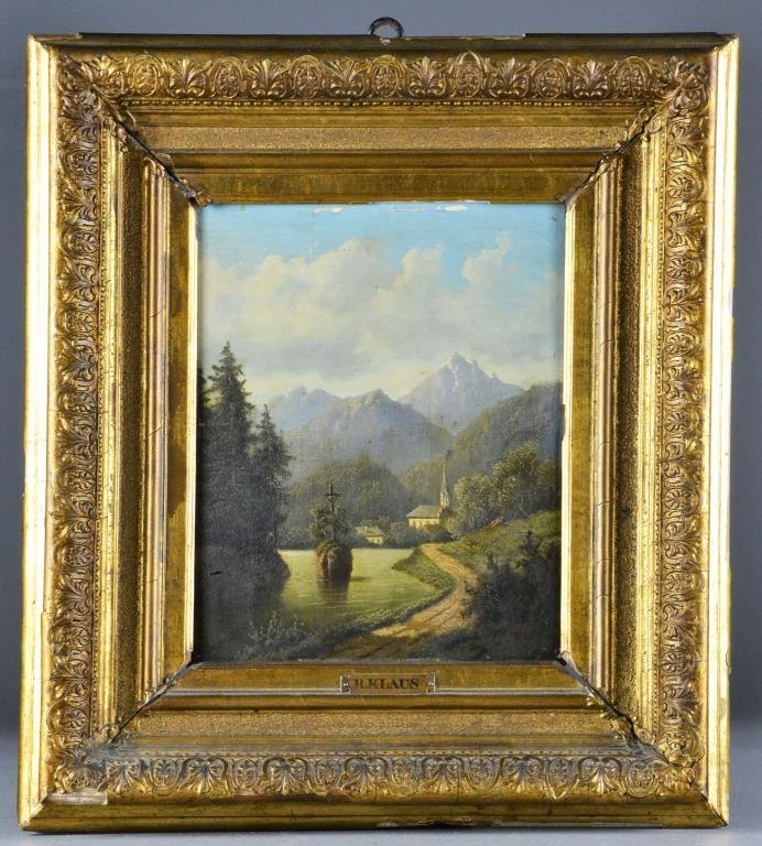 R. Klaus Austrian Oil Painting on Board: Depicting a winding path along water's edge with an Austrian village and mountains in the background, signed lower right "R. Klaus", with German inscription to reverse, measures 10.25"H x 8.25"W sight