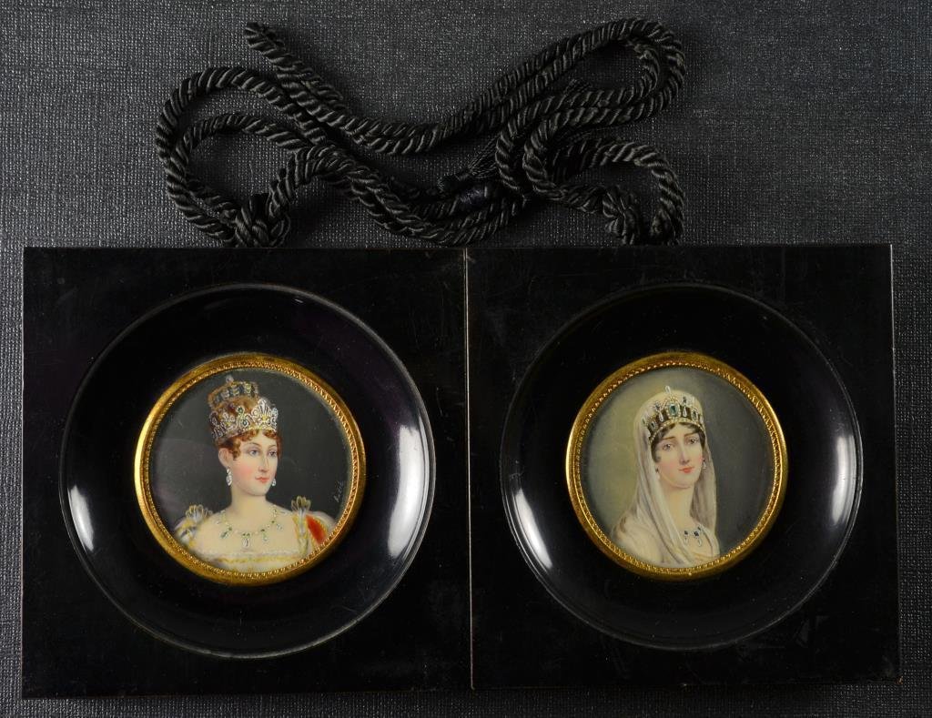 (2) Antique Miniature Paintings on Ivory: Depicting the wives of Napoleon Josephine and Marie-Louise, each signed Andre, each with black frame and behind glass, measures 5"H X 4.75"W as framed, circa early 20th century or earlier.