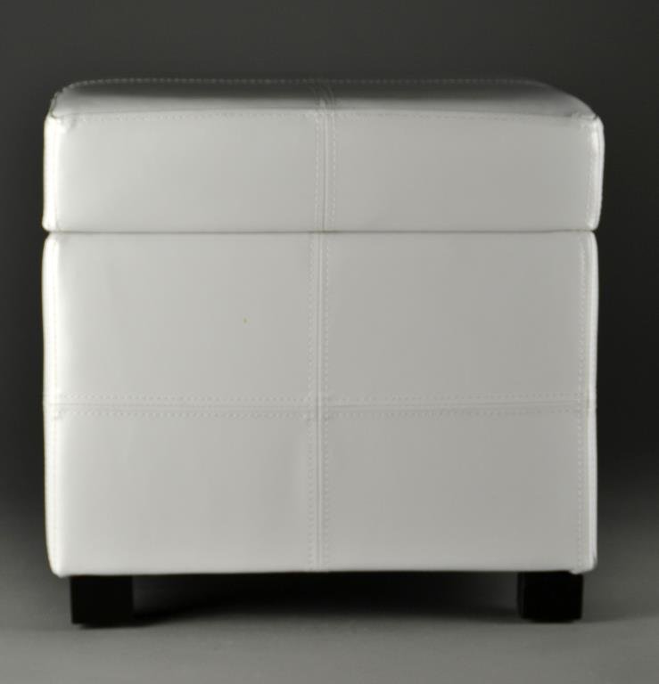 Mid Century Style White Faux Leather Storage Stool: Having a cube form, lift off top, and deep well for storage, raised on straight legs, 16" H x 17" Sq., circa 20th century. Condition, very good overall.