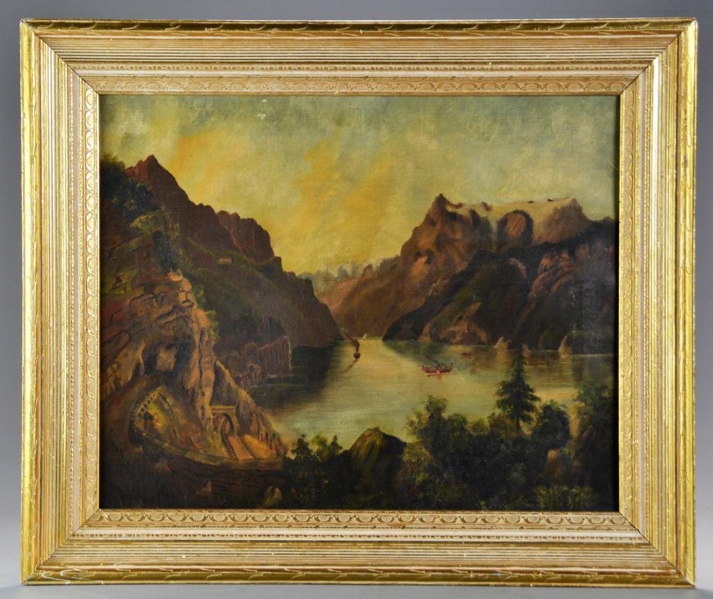 Hudson River School Oil Painting on Canvas: Depicting the Hudson River with view of water and mountains, apparently unsigned, exhibiting all over craquelure, measures 15"H x 19.25"W sight, 20.5"H x 24.5"W framed, circa late 19th-early 20th cent