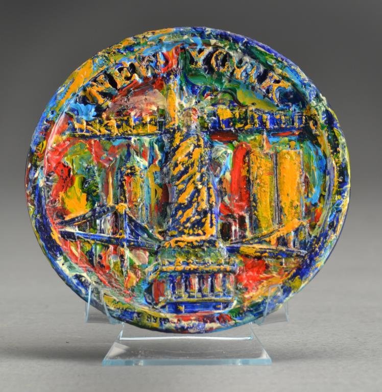 Peter Max Painted Medallion: A Painted New York City medallion, possibly bronze, reverse inscribed in red paint "Love" and signed "Max", attributed to Peter Max (1937- ), a German/American artist known for his pop art, measures 4
