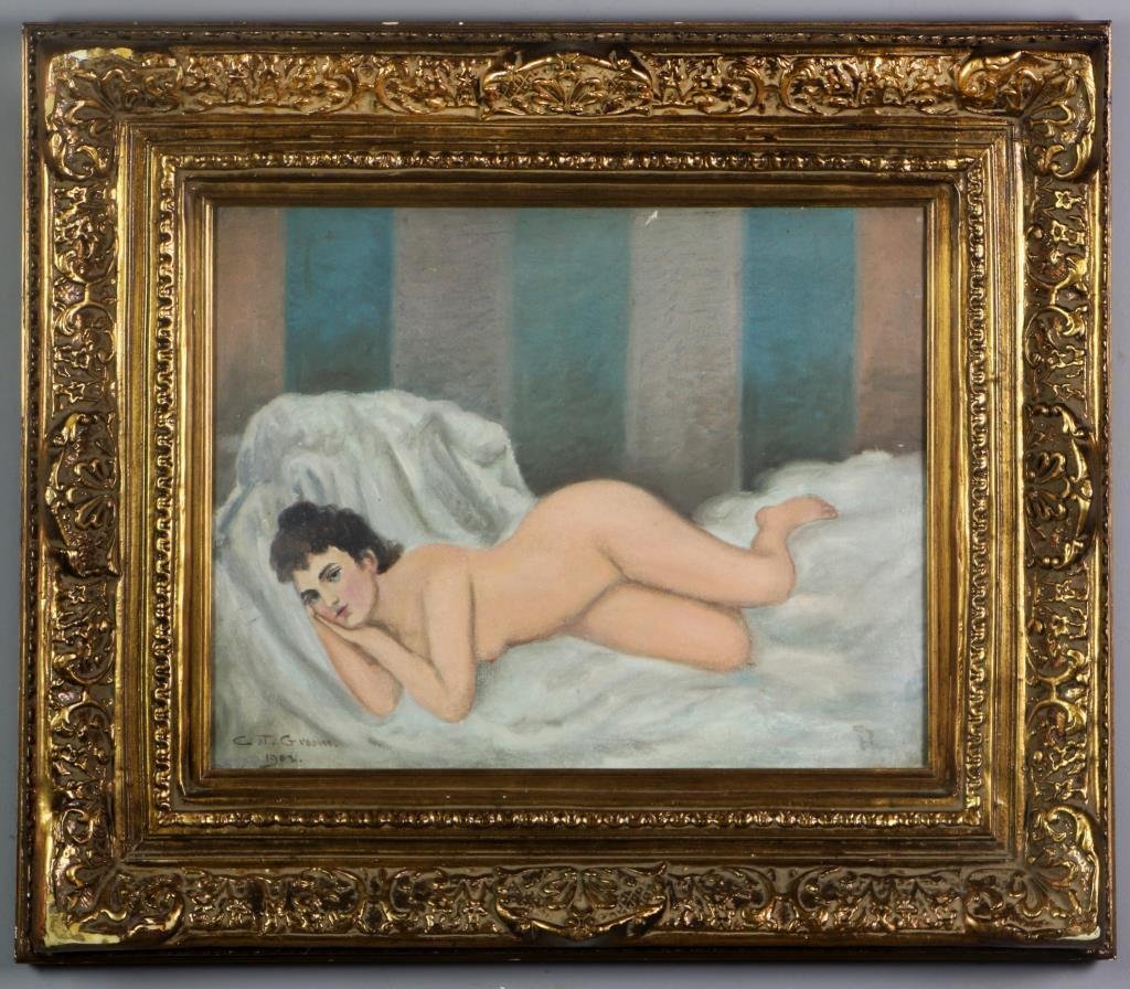 C.T. Groom Oil Painting on Canvas: Depicting a nude female reclining on a bed, signed and dated lower left C.T. Groom 1903, in beautiful ornate gilt frame, 15.5"H x 19.5"W sight, 25.5"H x 29.5"W framed.