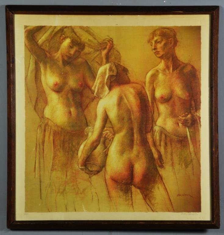 Robert Brackman Hand Signed Lithograph: Titled "Three Nudes", a limited edition color lithograph numbered 75 of 100, pencil signed lower right, Robert Brackman (1898-1980) was an American artist known for his nude figure work, portraits and