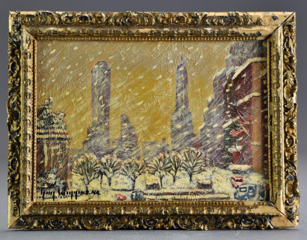 Guy Carleton Wiggins Oil Painting on Board: Titled en verso "Central Park Skyline" and signed Guy Wiggins NA. Painted to depict Central Park in winter with sky scrapers in the background and several cars lining the street near the park. One Ame