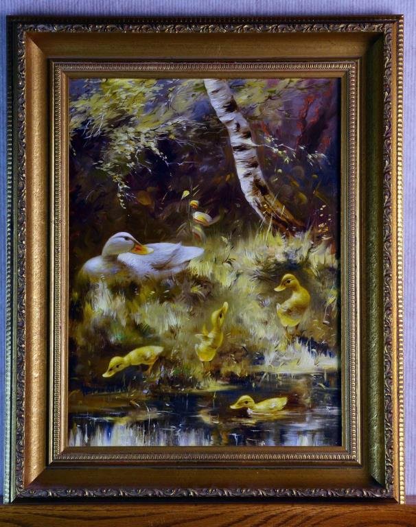 Hendrik Breedveld Oil Painting on Canvas: Finely painted to depict a mother duck with her ducklings playing near the shore under a birch tree, signed lower left. Hendrik Breedveld (1918-) is an artist from the Netherlands known for his waterf