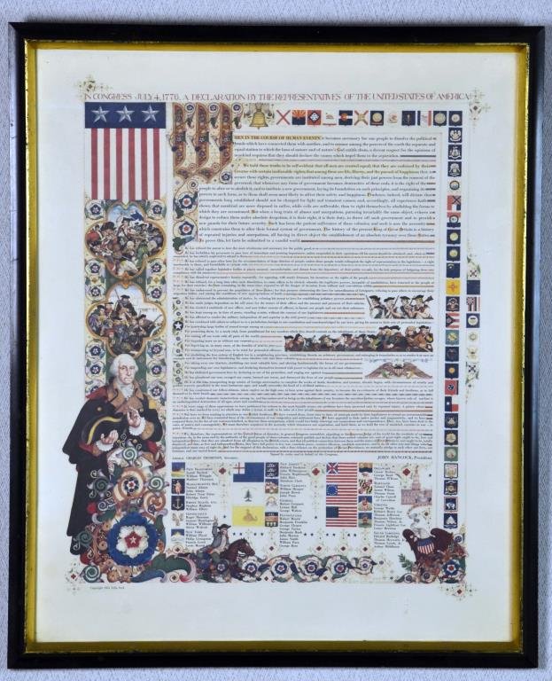 Arthur Szyk Lithograph on Paper: Depicting Declaration of Independence of America. Arthur Szyk (1894-1951) was a Polish-Jewish graphic artist from New York. Copyright 1953 Julia Szyk. Framed with black molding frame with gilt liner,