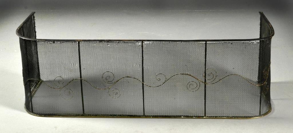 Federal Brass and Wire Fire Fender: Having wire mesh screen with decorative wire scrolls, measures 13.5"H x 41"W x 15.5"D, circa early-mid 19th century. Condition, having slight loss to bottom of wire mesh, otherwise good overall.