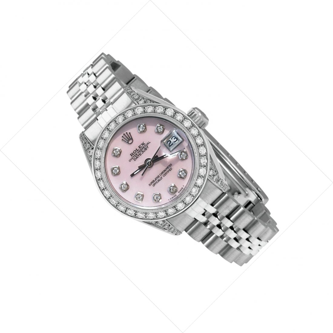 Rolex DateJust 26mm SS Pink Diamond dot dial, diamond: Watch Details: Model Number: 6917 â€“ Datejust Movement: Automatic Case Width: 26mm In Diameter Case Length: 32mm From Lug to Lug Bracelet: Rolex Jubilee Bracelet Dial: Pink Bezel: Afterset Diamo