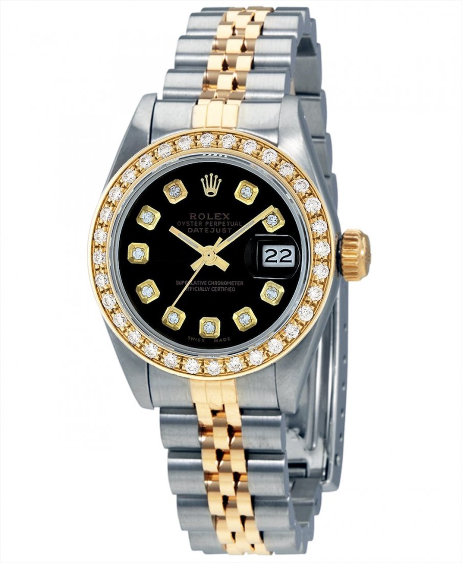Rolex DateJust 26mm 18k YG/SS Black Diamond Dial: Watch Details: Model Number: 6917 â€“ Datejust Movement: Automatic Case Width: 26mm In Diameter Case Length: 32mm From Lug to Lug Bracelet: Rolex Jubilee Bracelet Dial: Black Diamond Dial