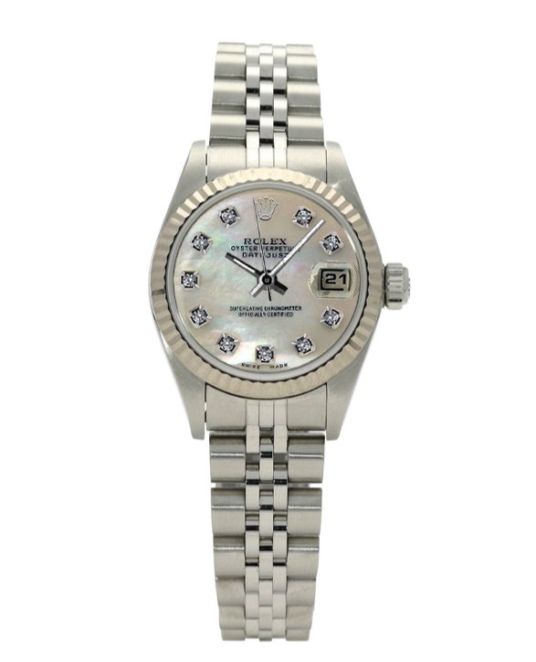 Rolex DateJust 26mm SS MOP Diamond Dot Dial: Watch Details: Dial : Rolex Professionally Refinished MOP Dial set with Genuine Round Diamond Hour Markers Crystal : Scratch Resistant Sapphire Crystal Movement : Rolex Certified Chronometer Self-Wind