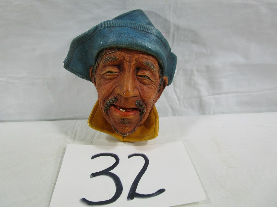 Bossons England Sardinian Chalkware Fisherman: This Bosson's chalk ware head is marked "Sardinian" and dated 1961. It is about 6" tall, 5" wide and 3" thick. It has a few surface chips on the hat on both sides. There is a small chip on the chin ar