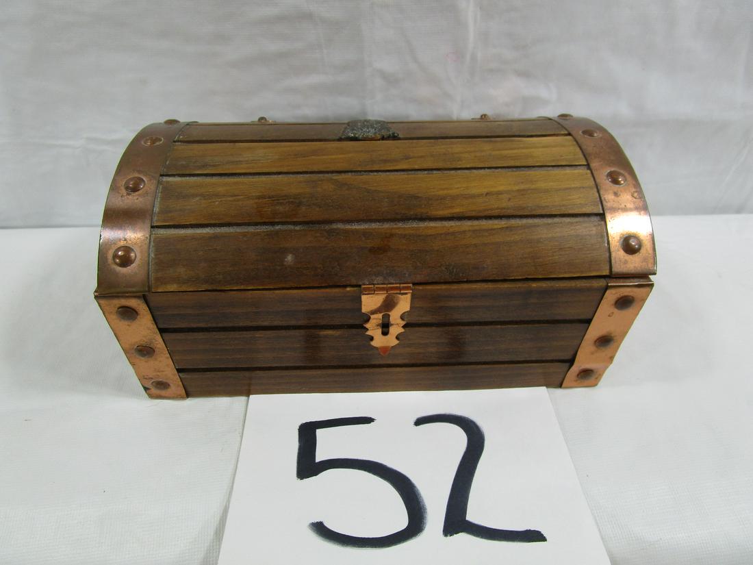 Copper Accented Jewelry Box: This box has velvet on the inside and small dividers for rings or earrings. The chest measures about 4" tall, 7.5" and 4" wide.