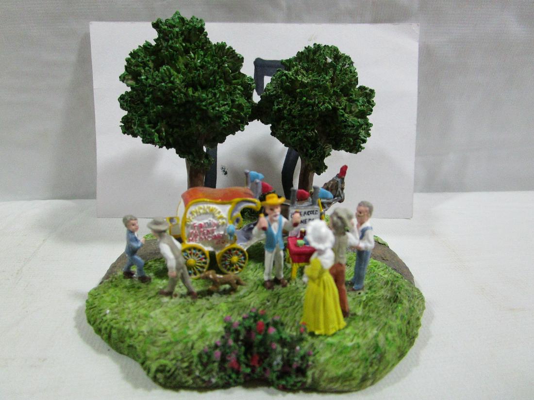 HTF Liberty Falls Dr. Pickwick's Medicine Wagon: This little figurine is numbered AH900 and is in very nice condition. Produced in 1994 it measures about 3" tall and 3" wide. I see a very tiny chip at the top of one of the trees but is barely notice