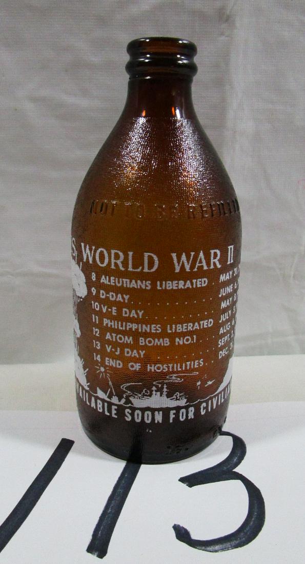 I-Way Amber Beer Bottle WWII: This bottle shows the dates of each battle and was only available to the military at the time. It is about 6.5" tall and 2.5" diameter at the base. No damage issues.