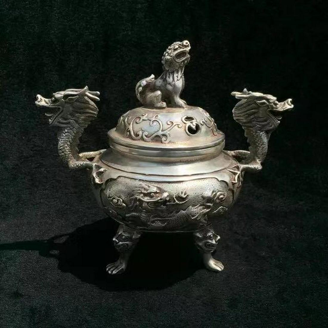 A XUANDE MARK SILVER CENSER WITH DRAGON EARS: Time Ming Dynasty / Width 7.09 in / Height 6.69 in