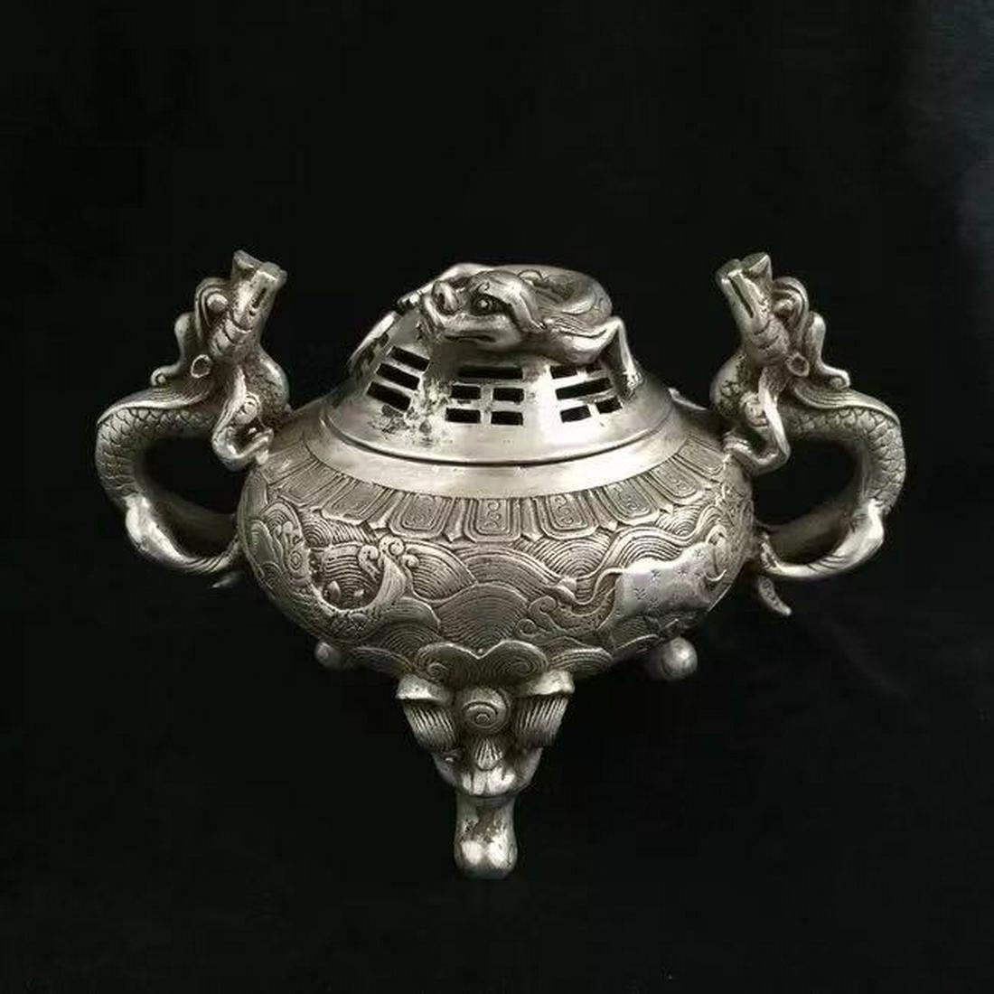 A XUANDE MARK SILVER CENSER WITH DRAGON EARS: Time Ming Dynasty / Width 7.28 in / Height 5.12 in