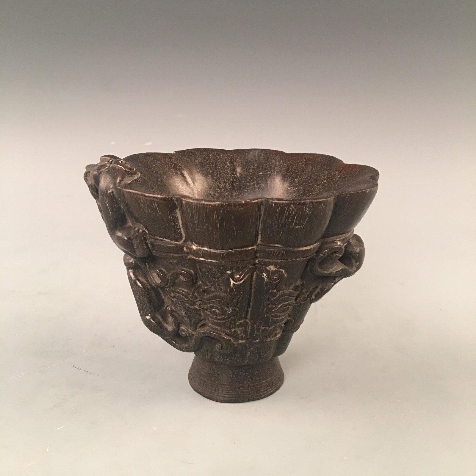 Chinese Ox Horn Wine Cup with Qianlong Mark: Chinese Ox Horn Wine Cup with Qianlong Mark 4-1/4'' H; 5-3/8'' W; 524 g Shipping: We are able to pack and ship this item to an address in the United States via UPS Ground or USPS Priority Mail for $35