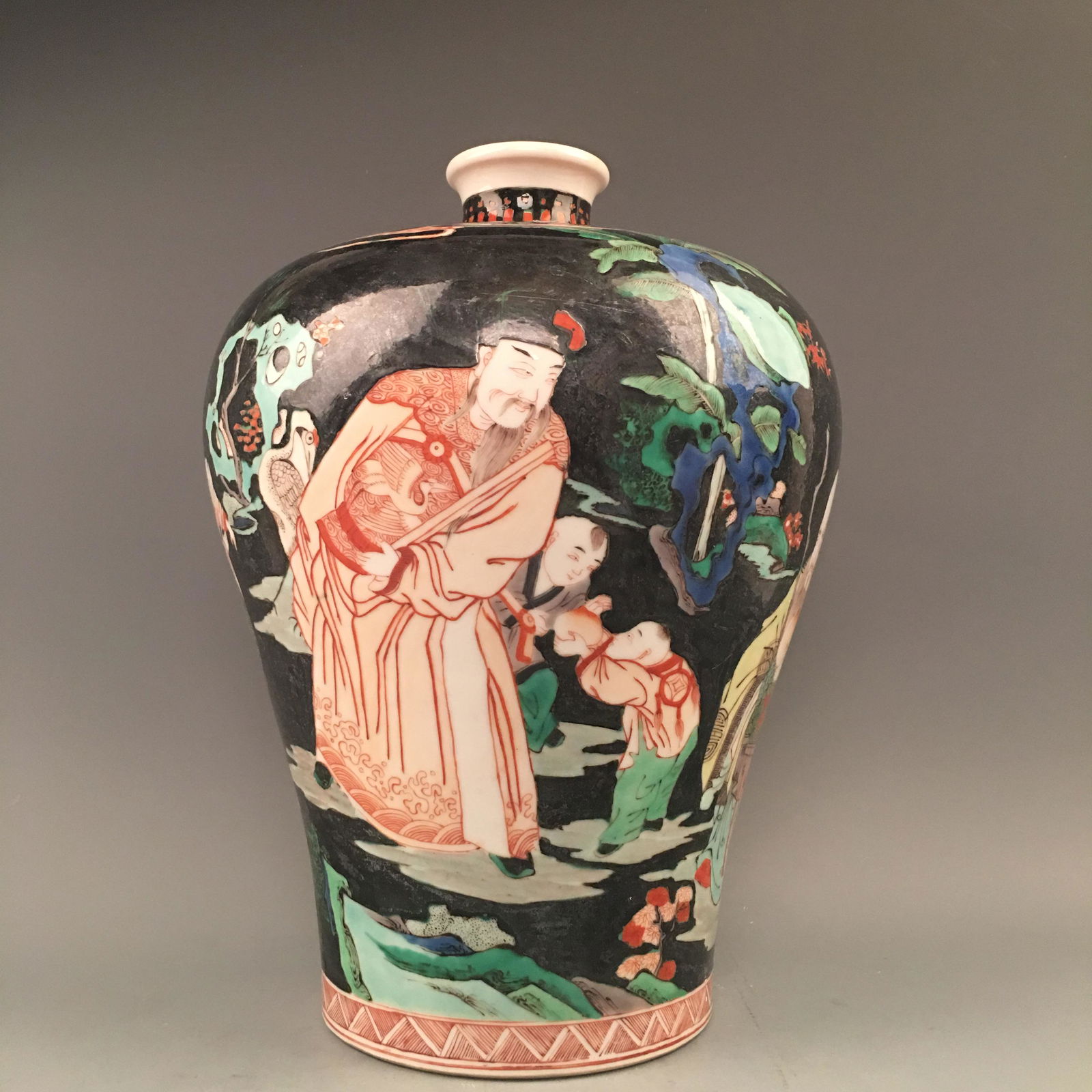 Chinese Wucai Glazed Meiping Vase with Kangxi Mark (1 of 6)