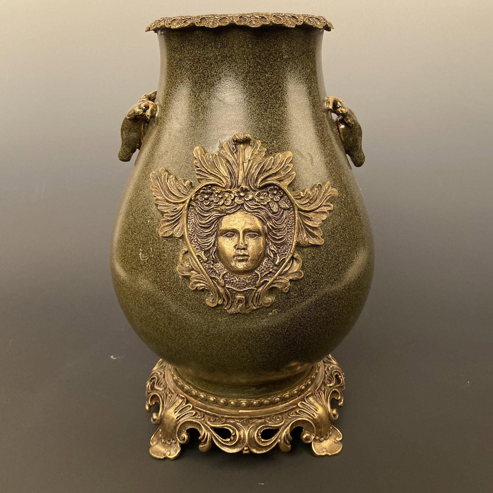 Green Glazed Vase with Gilt Bronze Rim and Carving (1 of 8)
