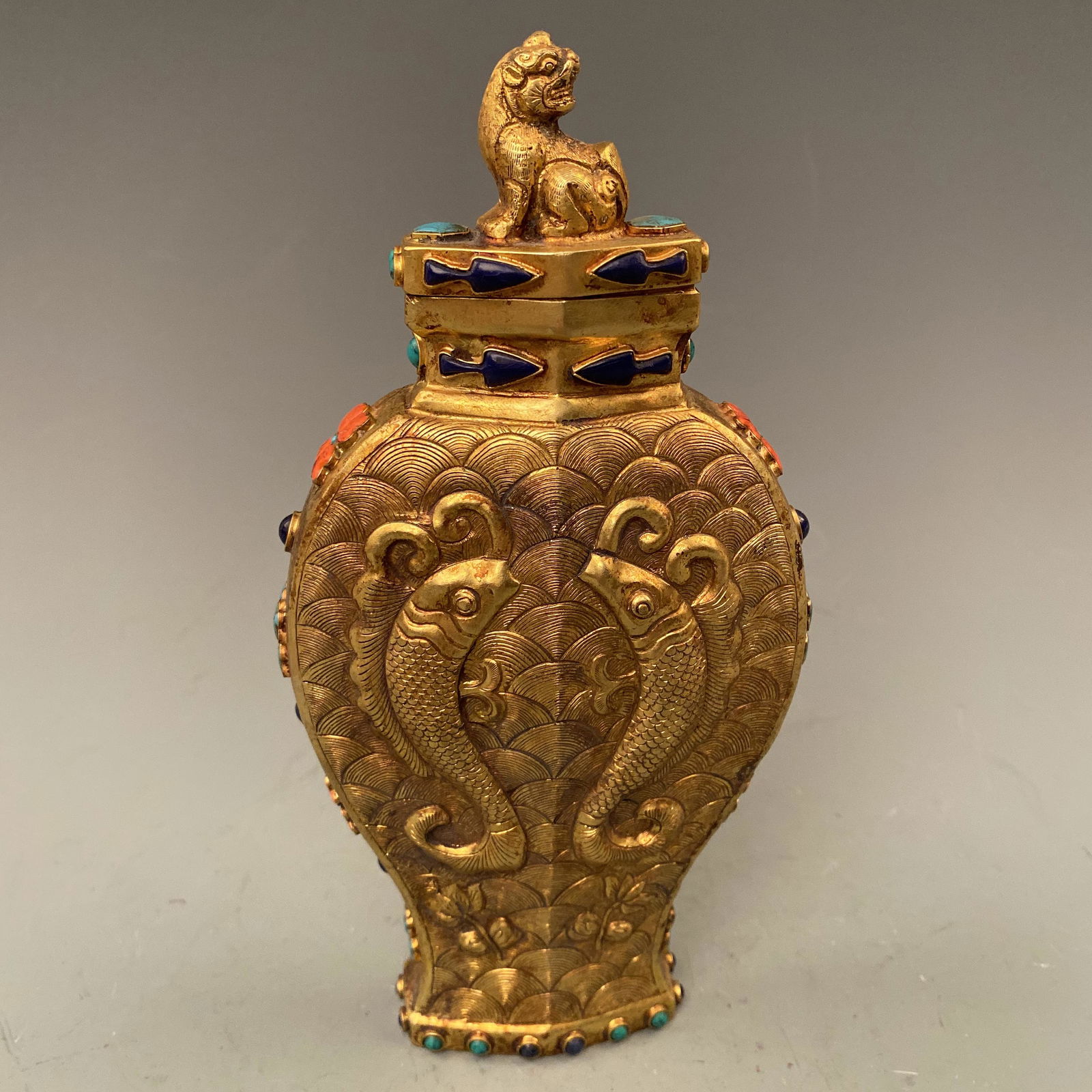 Chinese Bronze Jade Embellished Fish Bottle (1 of 8)