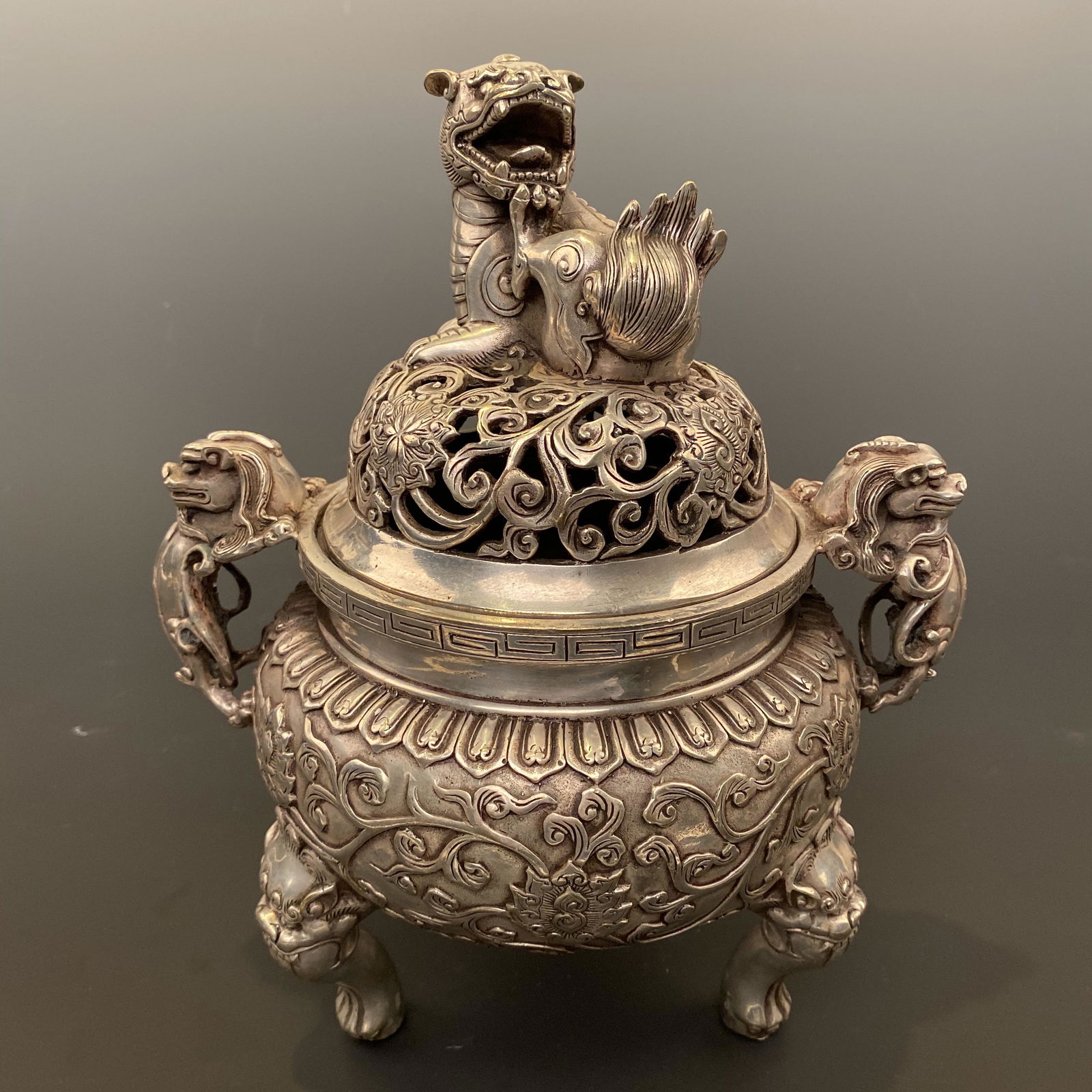 Chinese Silver Tripod Lidded Censer (1 of 8)