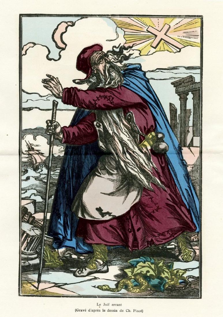 Collection of papers -The wandering Jew [Le Juif: * Two painted etchings depicting the "wandering Jew" on the margins 'Le Juif errant'. France, 1910. (One is 31x48 cm, the other is 32x24 cm.) * 4 printed illustrations from the French press in the 19t