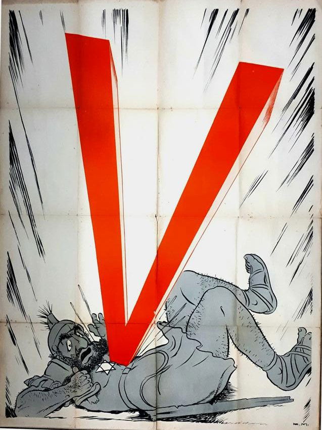Antisemitic poster. Europe, the 1940s: Large antisemitic poster. No prints, place or year details. Signed in print: M.M. The Nazi occupation countries, the 1940s. A large poster showing the letter V [Victory] in Orange color, Underneath it