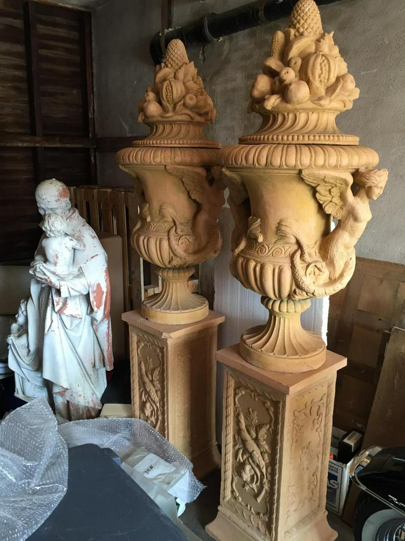 Pair Urns & Pedestals Mediterranean Style Terra Cotta (1 of 5)