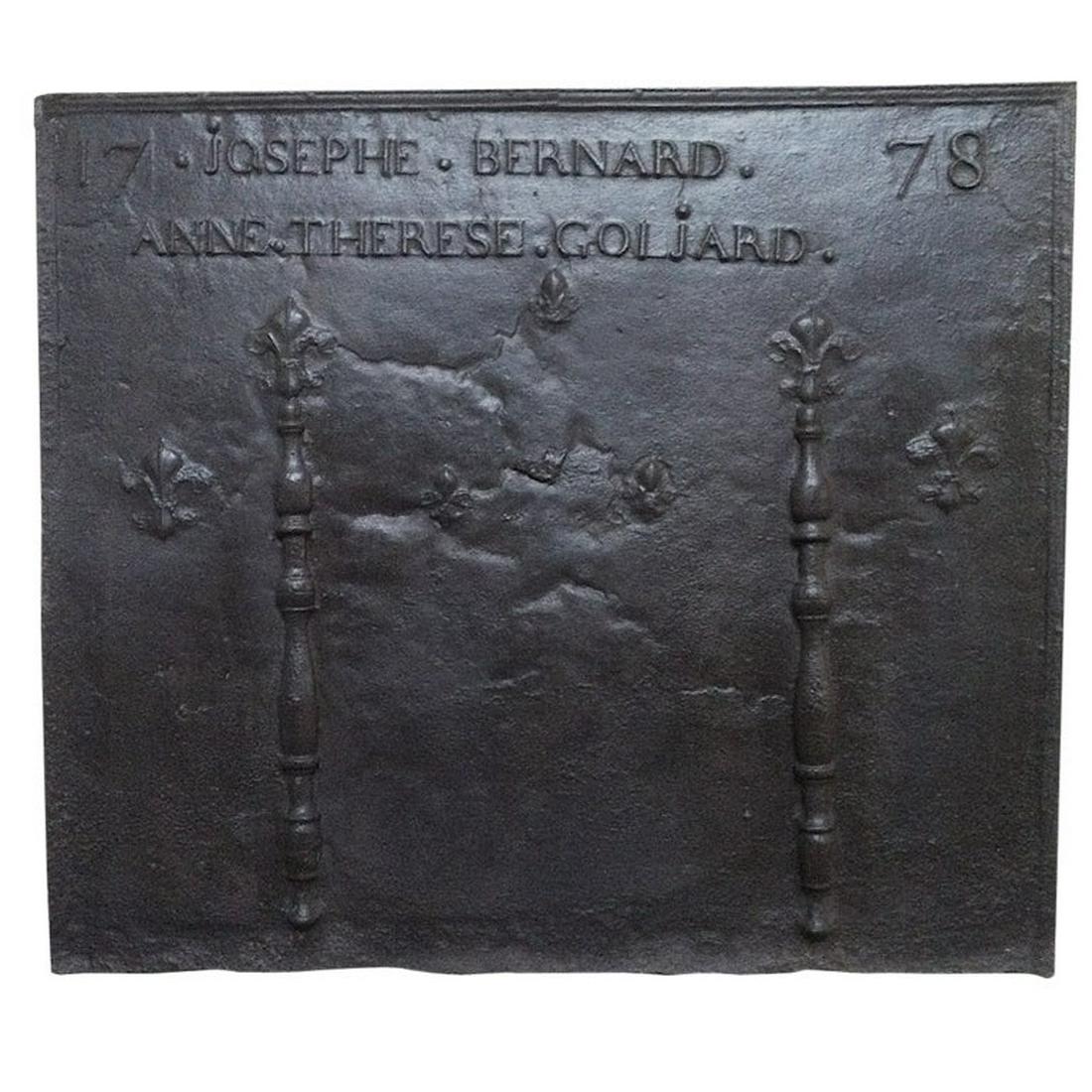 Fireback Fleurs-de-Lys dated 1778 "Joseph" France: A large French antique fireback in cast-iron, Fleurs-de-Lys design with family names ("Joseph Bernard and Anne Therese Goljard"), dated 1778 from France. Authentic and original. Available right now fr