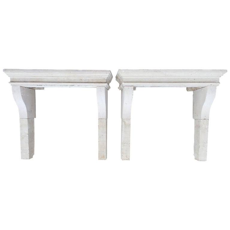 French antique Louis XIII Fireplaces 19th C (PAIR): A rare pair of French antique Louis XIII style fireplaces mantels, hand carved in pure French limestone in the early 1800s in France. Excellent quality of Art classic work. Original and authentic, no