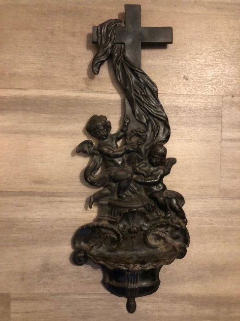 French antique iron wall benitier cross 1900s France (1 of 7)