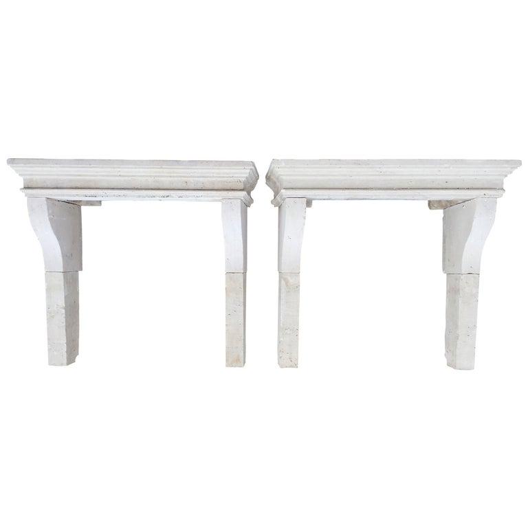 2 French antique Louis XIII Fireplaces 19th C (PAIR): A rare pair of French antique Louis XIII style fireplaces mantels, hand carved in pure French limestone in the early 1800s in France. Excellent quality of Art classic work. Original and authentic, no