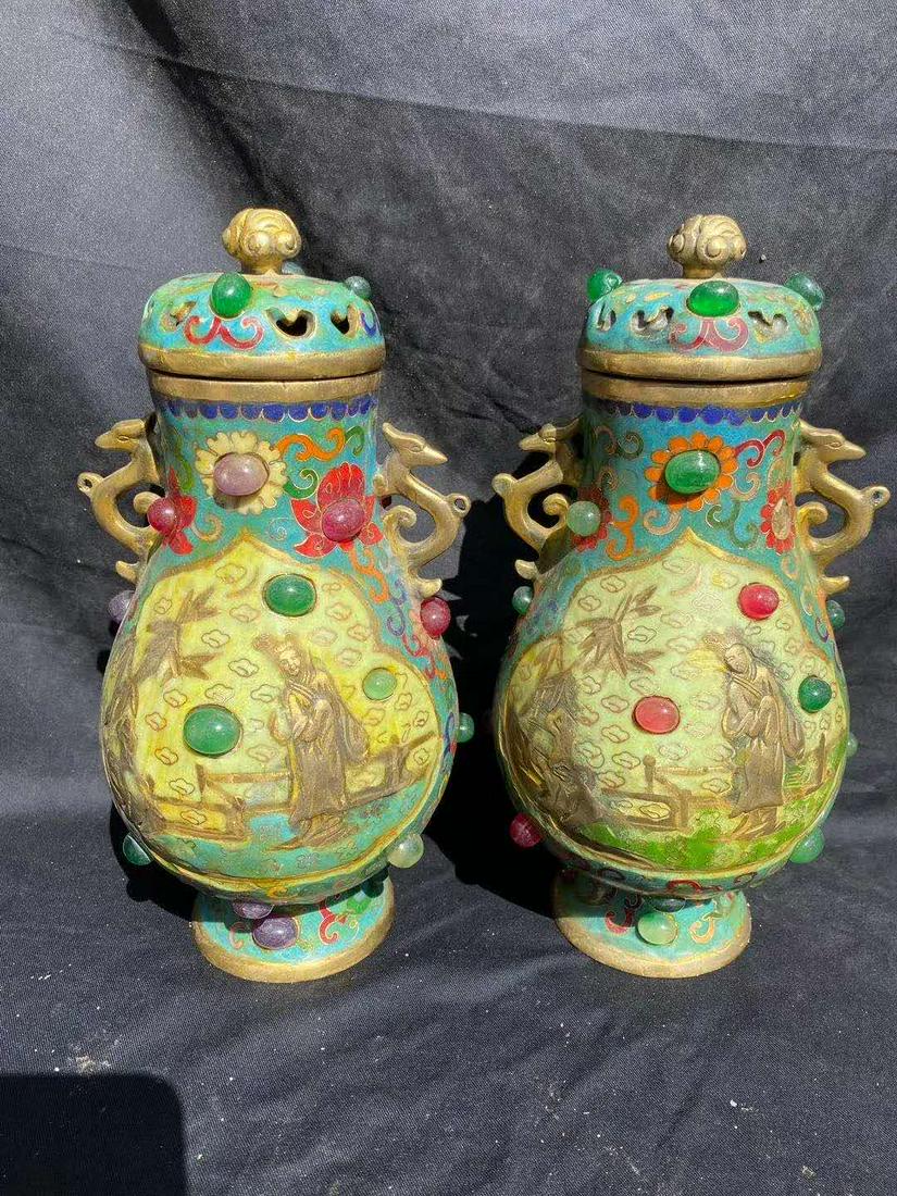 Qing Dys Pair Lady and Inlay Gems Cloisonne Bronze (1 of 1)