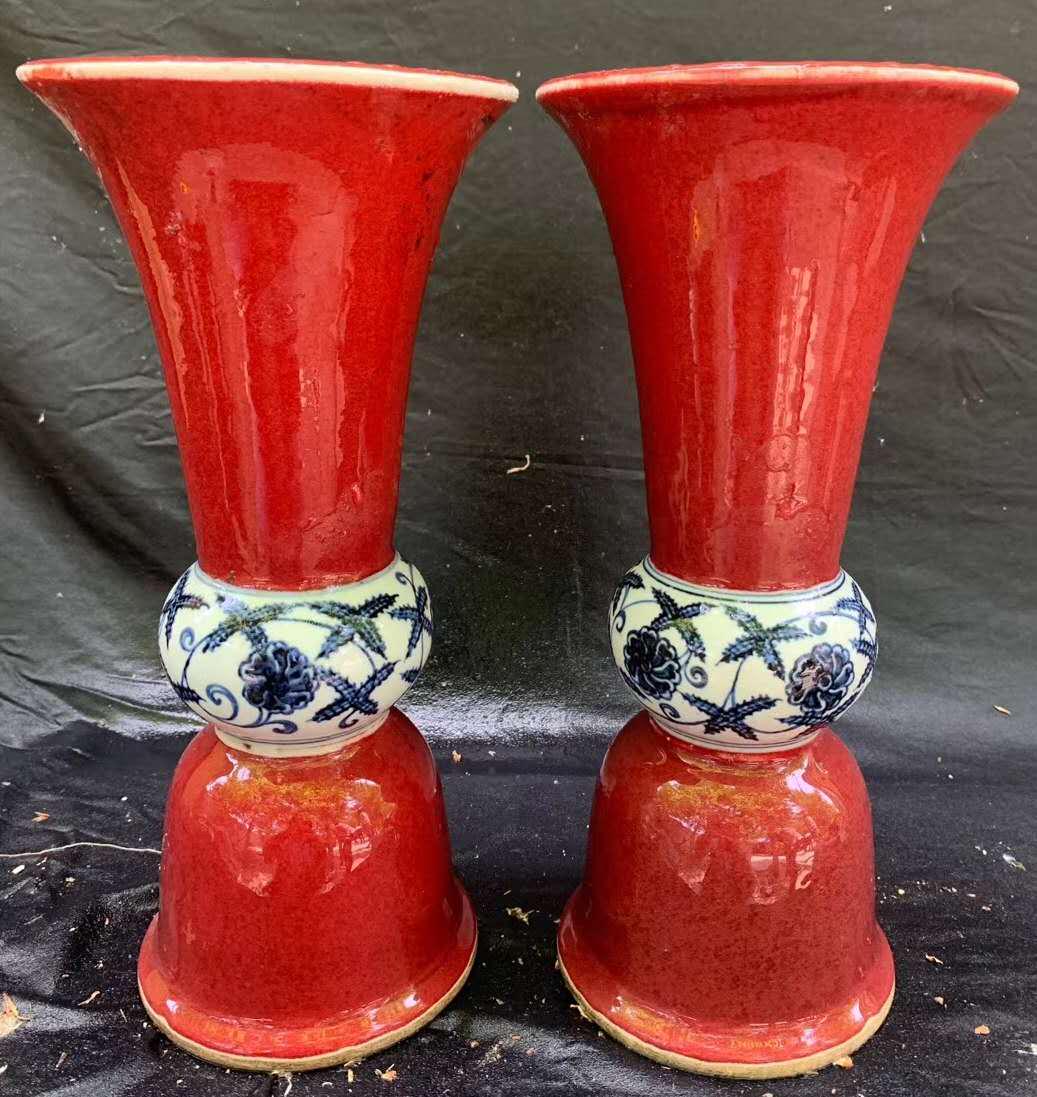 Ming Dys Xuande Made Pair Blue and White Red Glaze Vase (1 of 1)