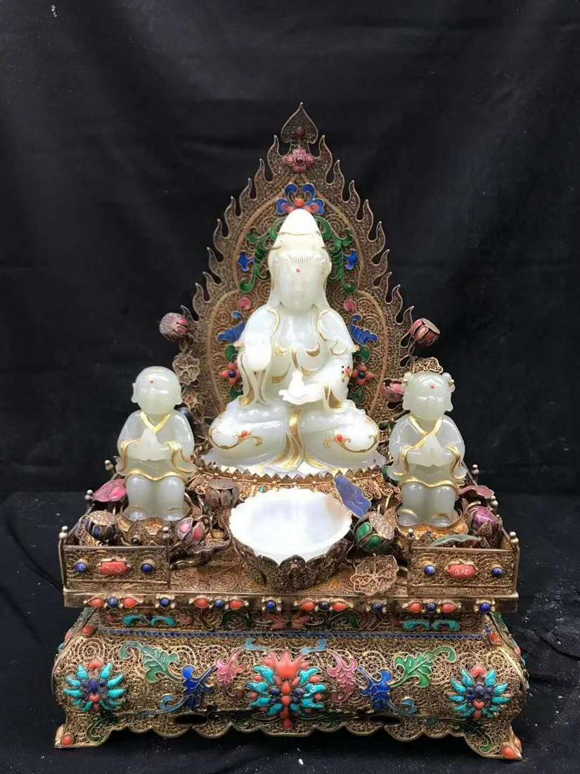 Qing Dys Made Mutton Fat White Jade Carved Guanyin and: Qing Dys Made Mutton Fat White Jade Carved Guanyin and Boy on Gilt Silver inlaid Gems Statues