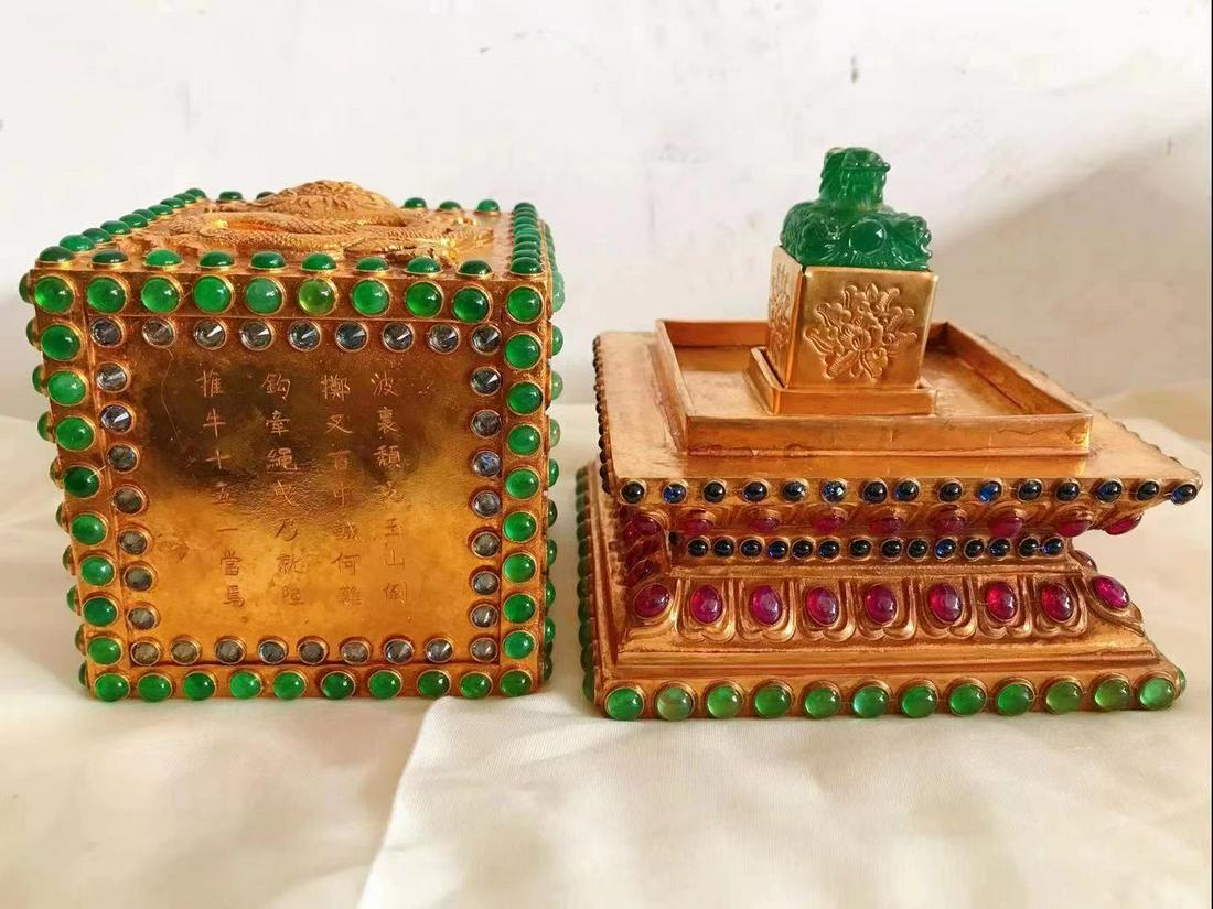 Qinglong Marked Green jade Seal with 24k gold gilt box (1 of 8)