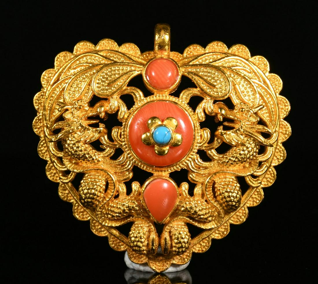 Old Collection coral Gilt 24k gold double dragon amulets, hand -carved (1 of 9)