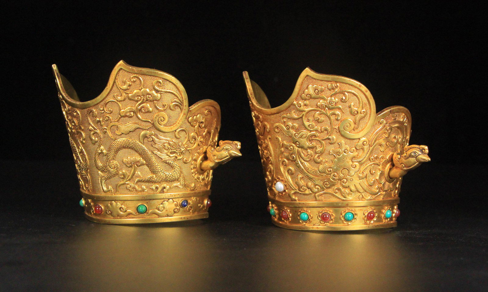 Old Collection bronze gilt 24k gold Handmade hand -engraved dragon and phoenix hat crown (1 of 9)
