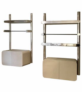 Pace Collection Illuminating Etageres, 1970: Iconic design by Janet Schwietzer for Pace Collection, circa 1970s. A pair of illuminating etagere's wall units both with bottom lacquered storage cabinets. Identical in dimension, but one has two she