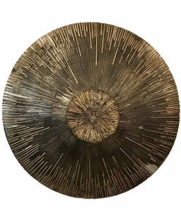 Large Round Hand-Painted Metallic Wall Sculpture: Very cool massive round brutalist wall sculpture made of fiberglass, hand painted in layered metallic, earth tone colors with bronze, silver and gold.